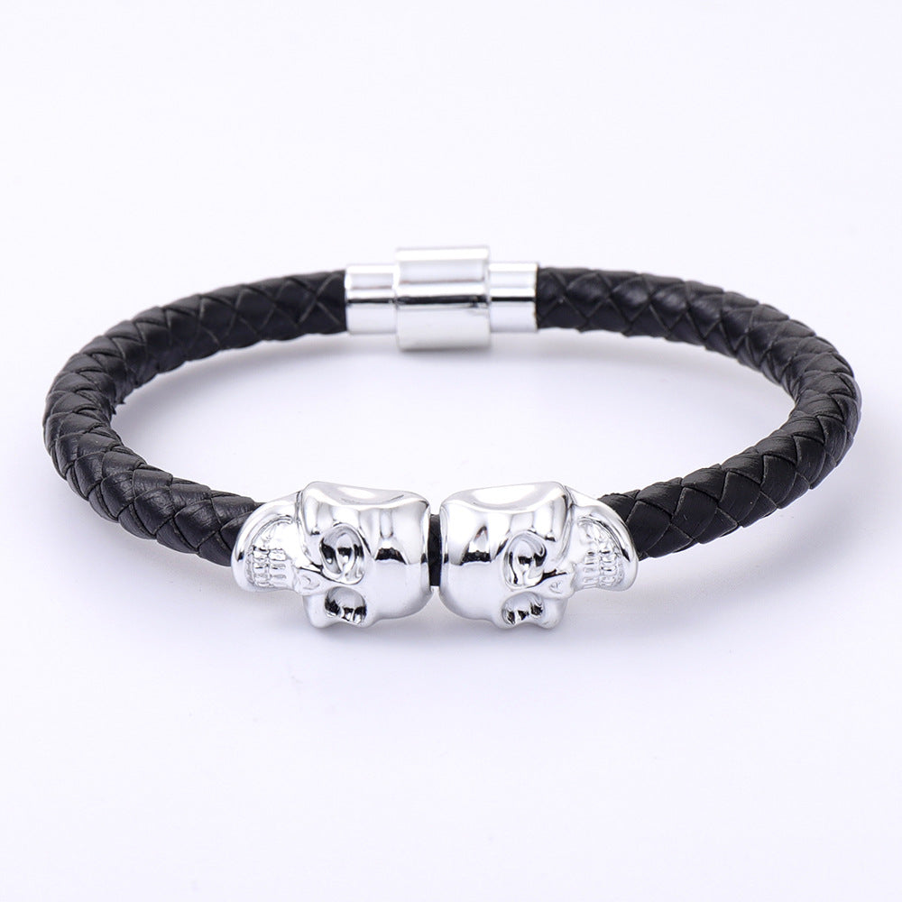 Wholesale men's cowhide punk style skull head Bracelet